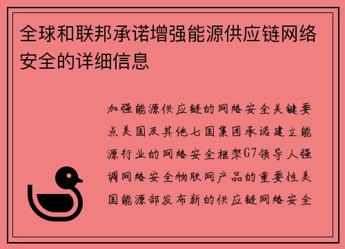 全球和联邦承诺增强能源供应链网络安全的详细信息 